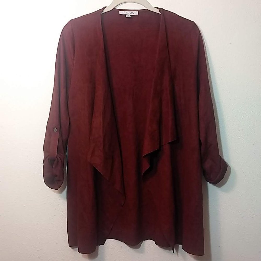 She & Sky Red Faux Suede Open Face Cardigan S